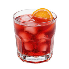 Iced red drink with orange slice.