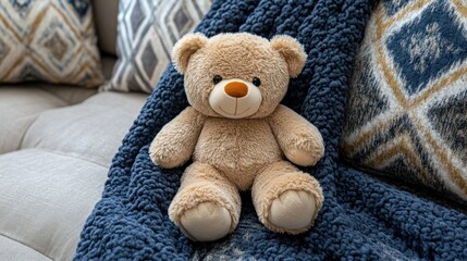 Cozy Teddy Bear on a Blue Blanket