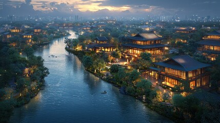 Fototapeta premium Serene Evening at the Lakeside Village: An Architectural Masterpiece