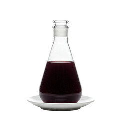 Glass flask with stopper filled with dark red liquid on small plate.