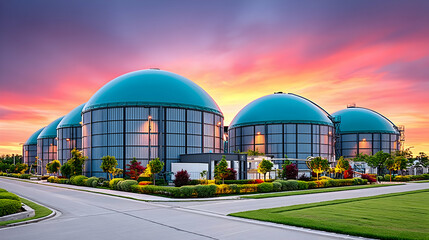 Obraz premium Modern biogas plant at sunset, showcasing efficient renewable energy infrastructure