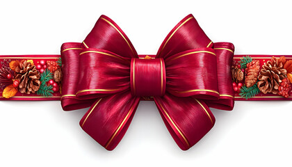 Festive red bow with gold trim on autumnal ribbon