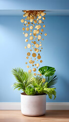 Gold coins falling onto potted tropical plants against a blue wall