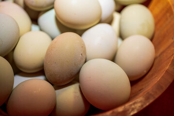 Fresh Farm Eggs in Natural Colors
A close-up of assorted fresh farm eggs in a wooden bowl, showcasing natural color variations from cream to light green.
