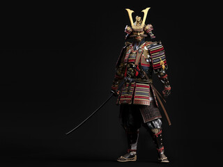 Full-body, 3D illustration of a samurai in traditional armor and wearing a golden mask