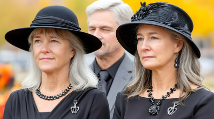 Two women in black attire, somber expressions, attending a funeral or memorial service  A man is blurred in the background