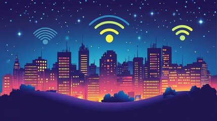 Fototapeta premium Night city skyline with wifi symbols in starry sky