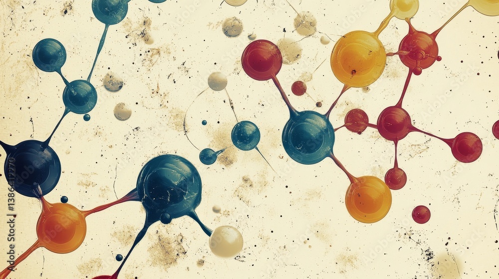 Poster abstract molecular structure with colorful spheres and connecting lines