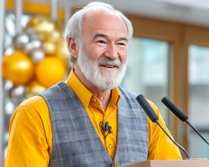 Happy senior man speaking at podium, smiling warmly