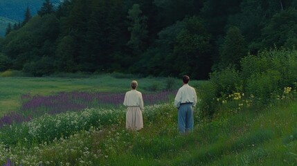 Caucasian young adults in scenic meadow with wildflowers and forest background