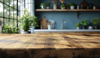Obraz premium A warm kitchen scene with a wooden table in the foreground and a sunny window in the background, featuring plants and kitchen items on the windowsill, creating a cozy and naturally lit atmosphere