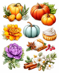 Autumn harvest watercolor illustrations of pumpkins, flowers, and fall spices