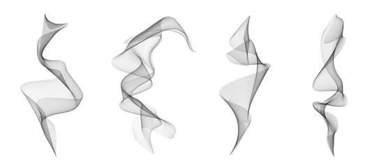 Realistic smoke and steam effect set. Curved white vapor trails on white background. Vector elements for hot drinks, food aroma, cigarette fumes or fire and fog design illustration.
