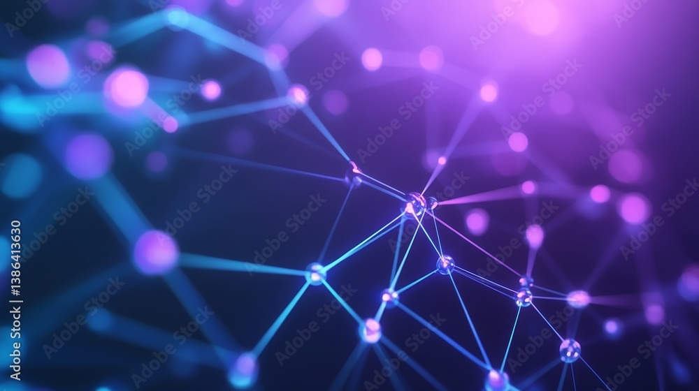 Poster abstract digital network with glowing lines and nodes in purple light