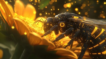 A detailed, high-resolution close-up image showcasing a futuristic, robotic bee delicately collecting pollen from vibrant sunflower petals. The scene is illuminated by a warm, golden light that create