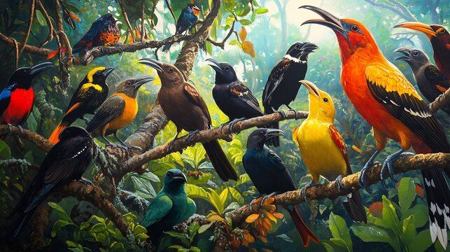 Speciation action A vibrant painting of Darwin's finches on the Galapagos Islands showcasing diverse beak shapes and sizes hyper realistic cinematic lighting