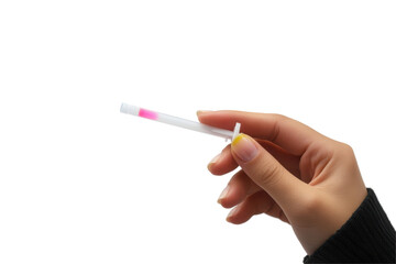 Hand holding a pink reagent test tube isolated on transparent background