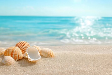 View of the sandy beach. Shells in the sand.