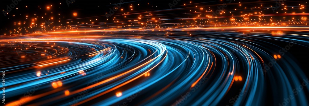 Poster dynamic abstract light trails with blue and orange tones illustrating modern technology and energy f