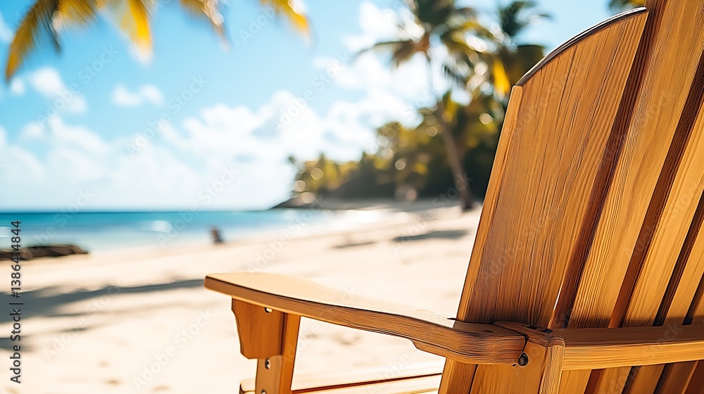 Poster relaxing beach scene with a wooden chair overlooking the ocean and palm trees : generative ai