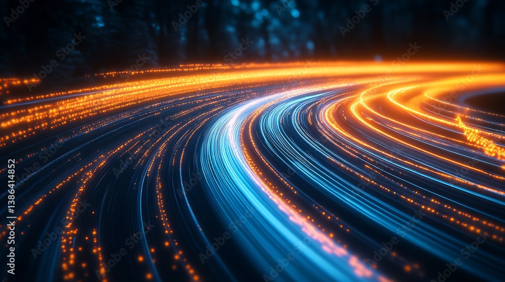 Poster Electrifying orange and blue light trails moving through a digital forest in a dynamic way : Generative AI