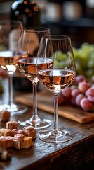Fototapeta premium Elegant rose wine glasses arranged beautifully with grapes and corks showcasing a sophisticated setting : Generative AI