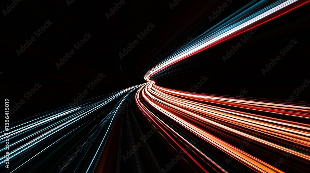 Poster Dynamic light trails creating a stunning abstract background conveying speed and energy in a dark setting : Generative AI