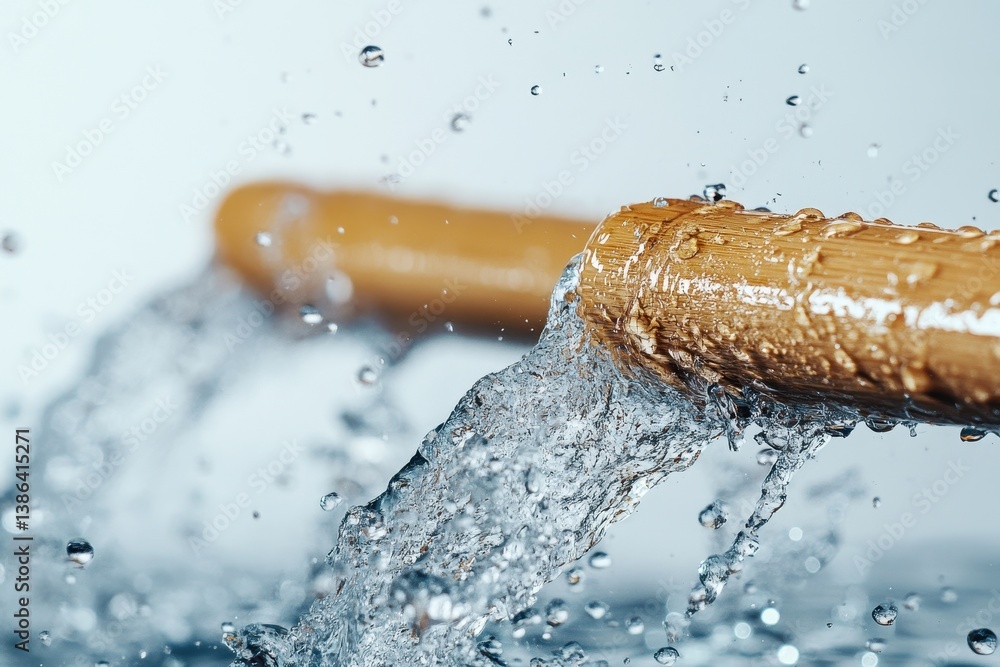 Poster Water flows rapidly over a wooden surface, creating splashes and droplets in a well-lit environment during the day, capturing the beauty of natural movement and texture