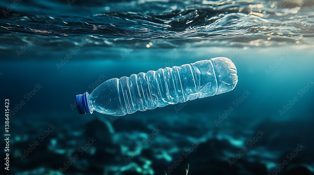 Poster plastic water bottle floating in serene underwater environment showcasing ocean pollution and its im