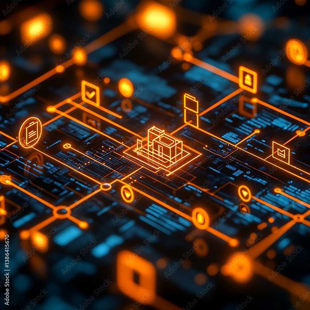 Poster Futuristic Digital Architecture with Complex Data Networks and Interfaces Represented in Orange Neon : Generative AI