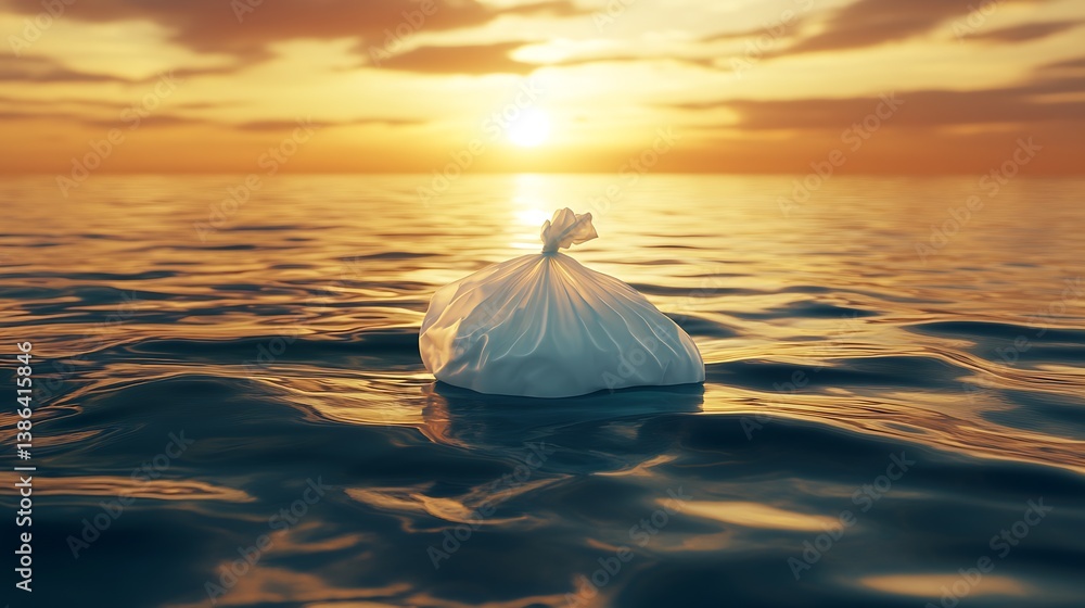 Poster plastic garbage bag floating serenely on the ocean surface during a stunning sunset with warm colors