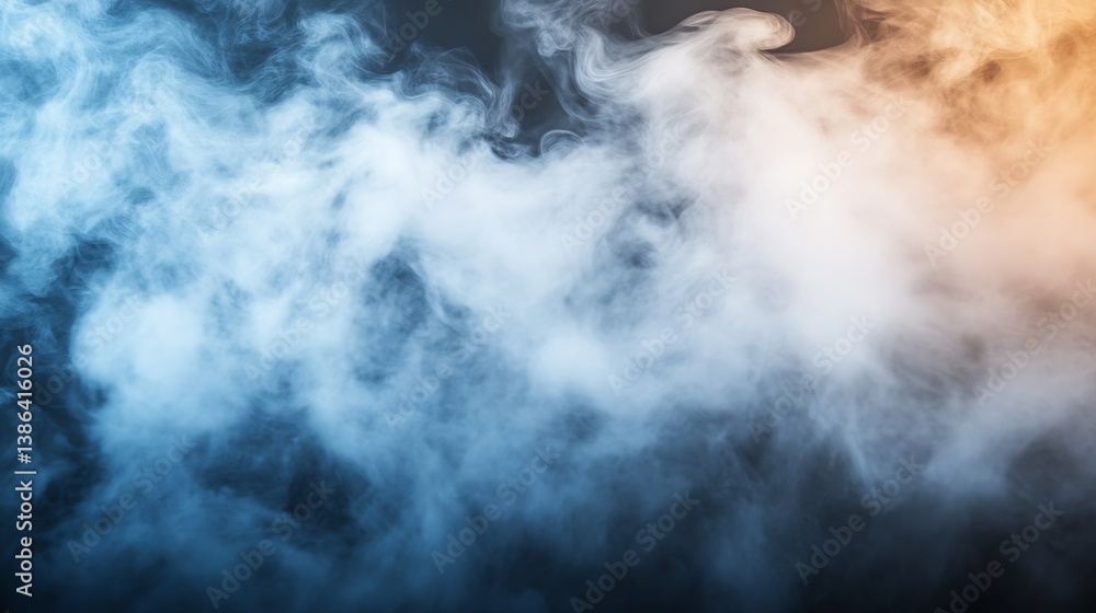 Poster abstract image of colorful smoke swirling in shades of blue and orange on a dark background : genera