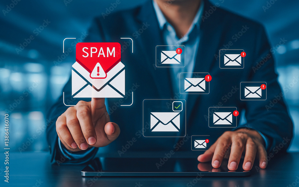 Poster a business professional filters digital messages, identifying spam emails and ensuring secure commun