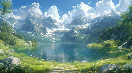 Fototapeta premium Serene Mountain Lake Landscape: A Breathtaking Vista