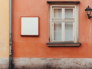 Fototapeta premium Old wooden window on orange wall with empty white frame and vintage lamp.