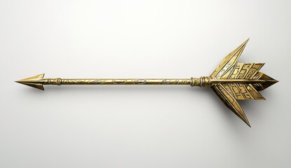Ancient golden arrowhead with intricate geometric patterns, historical art style, smooth background, symmetrical composition, warm lighting, detailed craftsmanship.