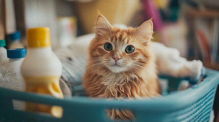 Ginger cat sitting in a blue laundry basket indoors