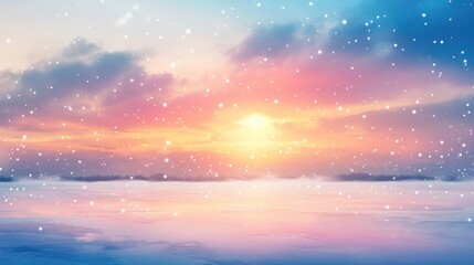 A serene winter landscape featuring a vibrant sunset over a snow-covered expanse. The sky transitions from warm pinks and oranges to cool blues, while delicate snowflakes float through the air, adding