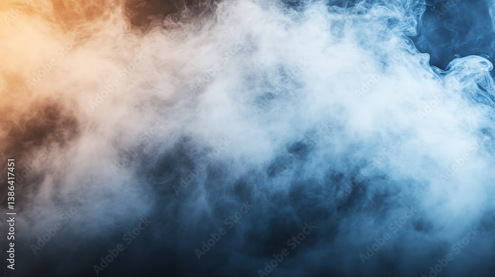 Aufkleber Dynamic swirling fog with blue and orange hues creating a mystical atmosphere and dramatic visual effects : Generative AI