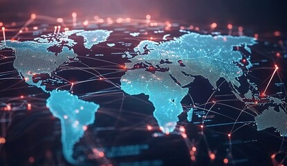 Digital global network map with glowing dots and lines on dark background, futuristic technology style, abstract data visualization, interconnected continents