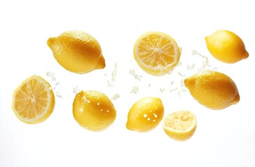 Fresh lemons and slices on white background, vibrant yellow color, clean composition, natural lighting, juicy texture, refreshing citrus theme