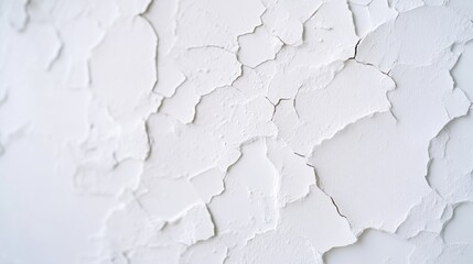 A high-resolution image shows a textured white wall with cracked paint. The composition is a full shot of the walls surface. The image is brightly lit, showcasing the textures detail. Its a minimal