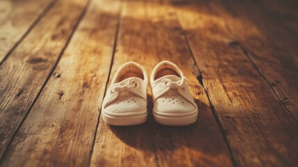 A pair of soft, white baby shoes is positioned on a rustic wooden floor, illuminated by warm sunlight. The image captures the delicate texture of the shoes, showcasing their design with small perforat