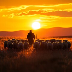 Silhouette of shepherd and sheep at sunset in tranquil pastoral landscape