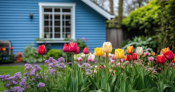 Colorful tulips in a vibrant garden with a blue house in the background create a serene springtime scene. - Powered by Adobe
