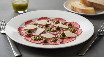 A delectable beef carpaccio plated with parmesan, pesto, capers, and olive oil. Served with toasted bread and a side of pesto.