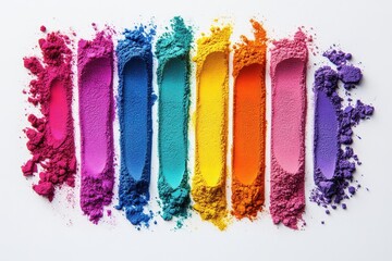Fototapeta premium Colorful vibrant powdered pigments arranged in a spectrum on a white background during midday light