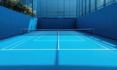 Fototapeta premium Modern blue tennis court under clear sky, surrounded by high walls, creating a serene atmosphere.