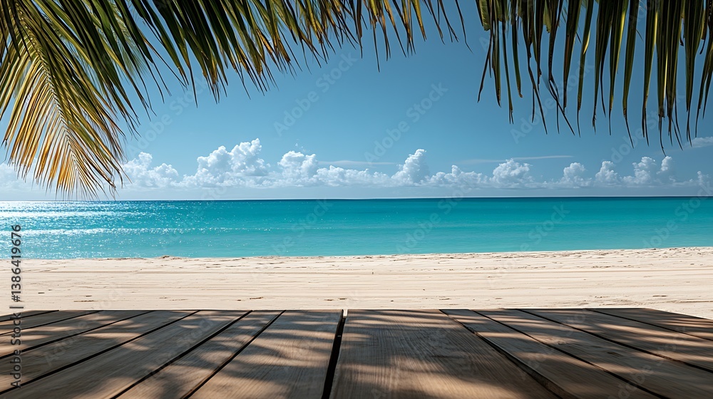 Poster tranquil view from under palm leaves overlooking a serene beach and turquoise sea on a sunny day : g