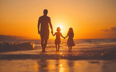 A parent and two children stroll along the shore, holding hands as waves gently lap at their feet. The sun sets behind them, casting a golden hue over the scene